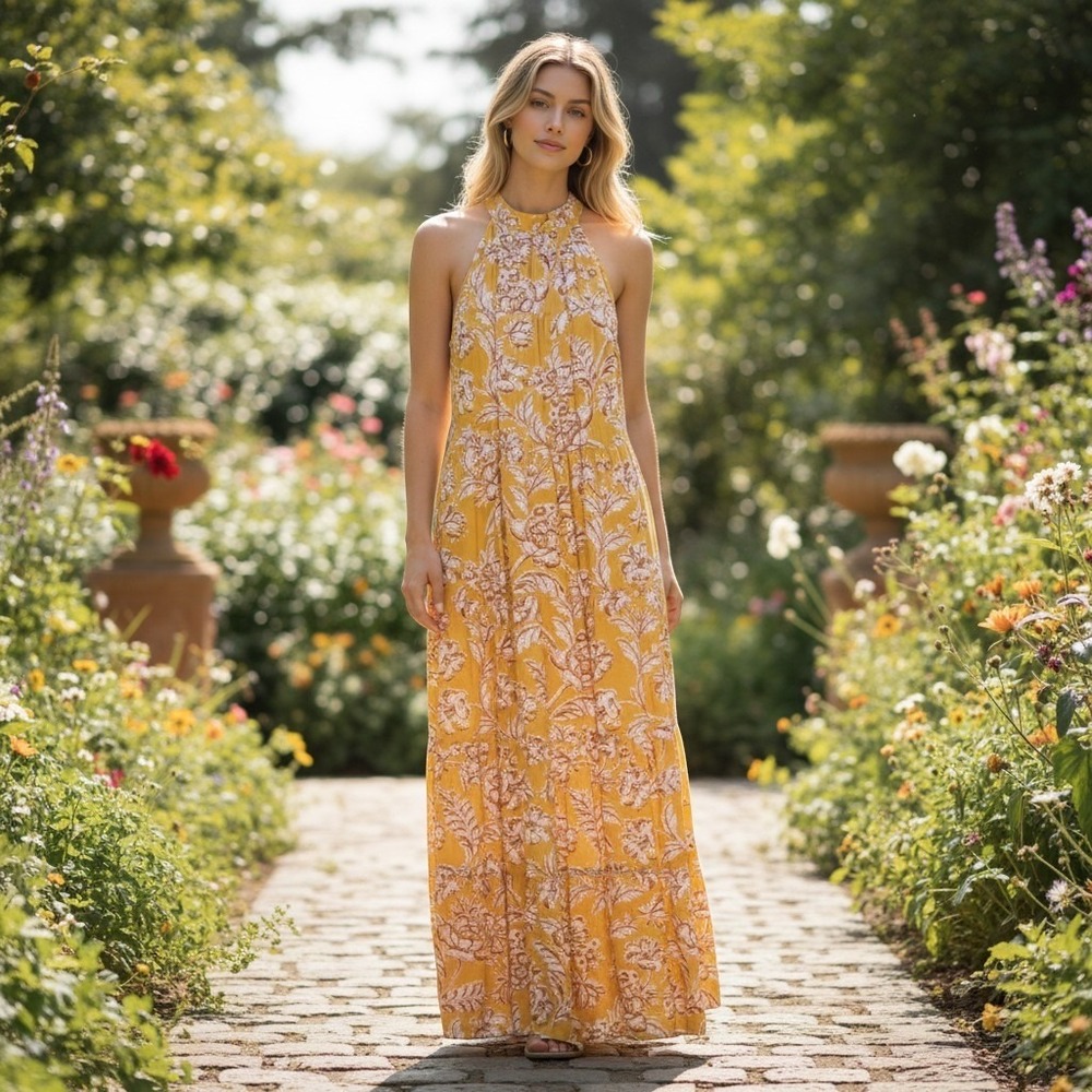 NWT THML Swing Dress Large Midi Floral Yellow Boho Cottagecore‎ Sundress Western